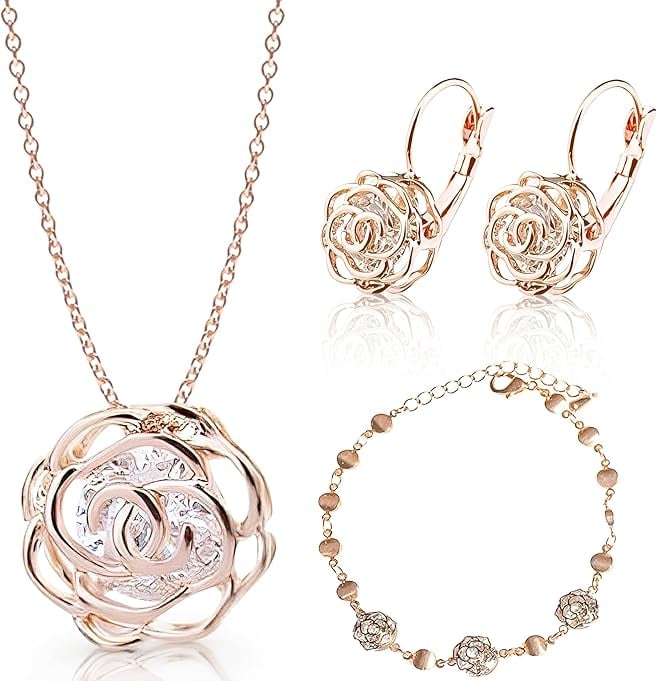 18K Gold Plated White Crystal Roses Flower Set Necklace Earrings Bracelet