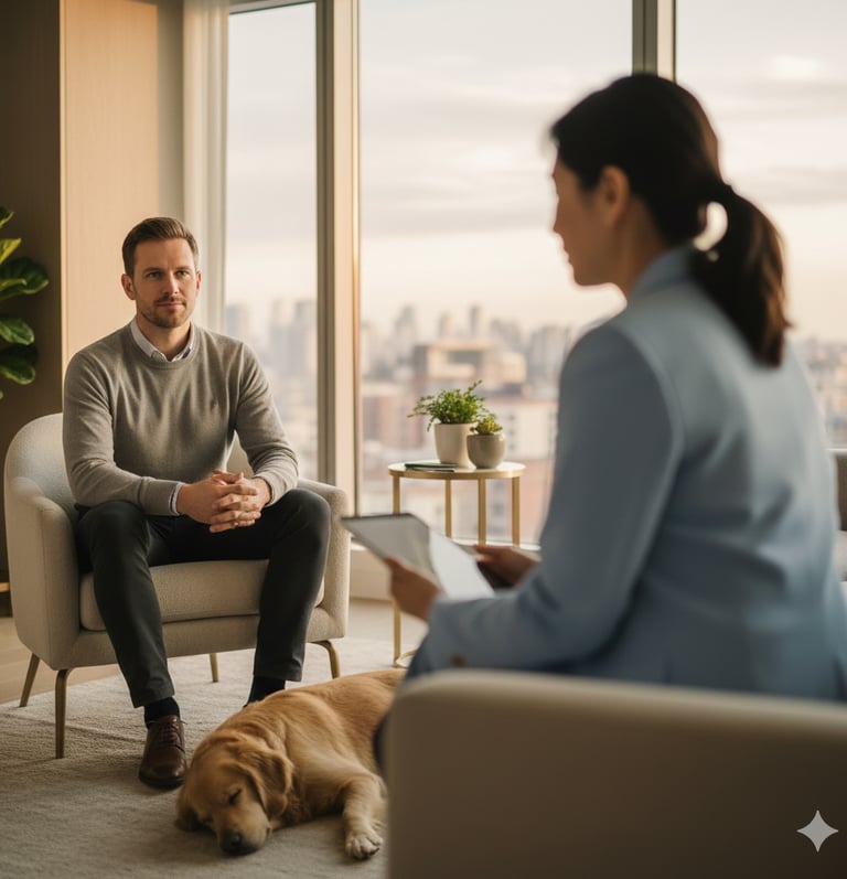 A patient speaking with his psychiatrist in a calm setting.