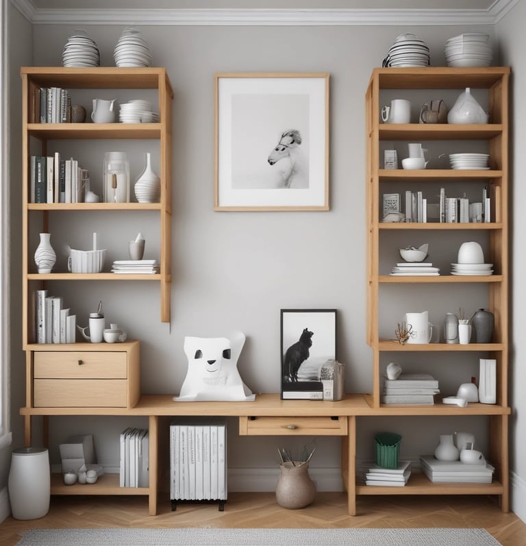 A bright, modern living room featuring a sleek miratino home product artfully placed on a minimalist white shelf.