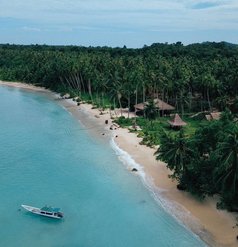 Idyllic beach and palm-fringed coastline of Awera Island, Mentawai — perfect island escape.