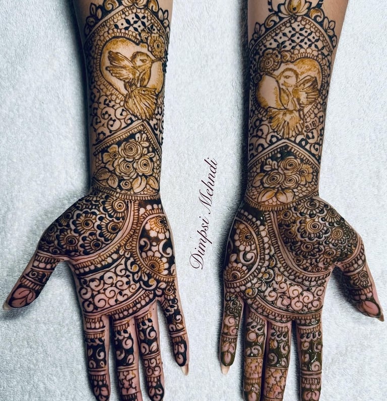 Luxury Custom Bridal Mehndi with hummigbirds by Dimpsi Mehndi