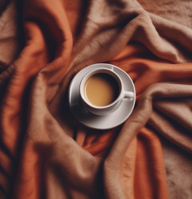 A cozy, softly lit scene with a warm cup of tea beside a stack of thoughtfully wrapped gifts on a wooden table