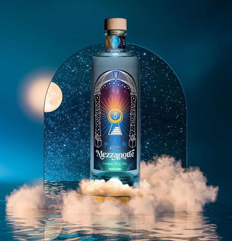 Bottiglia di Gin Mezzanotte su sfondo stellato