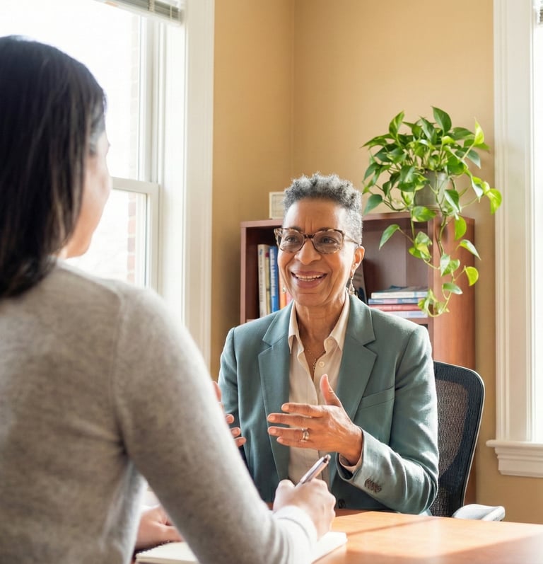 Two women sitting together in a coaching session