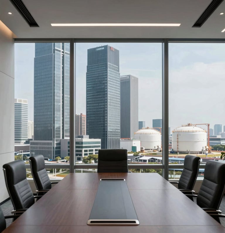 Orange chairs around a conference room table.