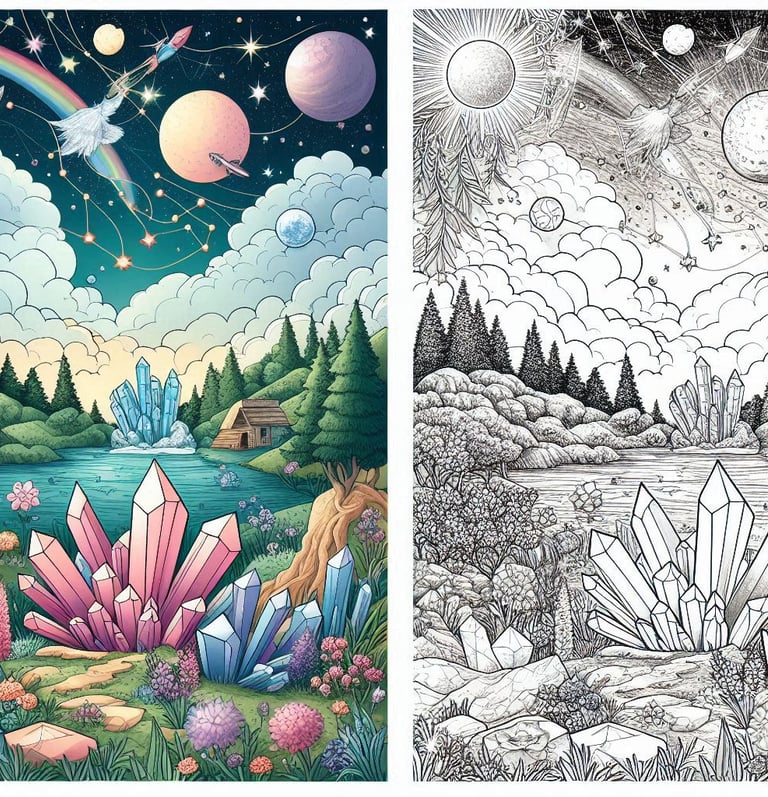 a coloring book with a picture of a landscape with a rainbow