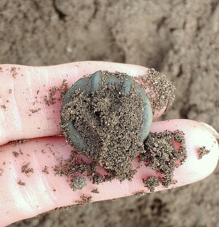 An Iron Age terret ring with green patina, covered in sandy soil, held on two fingers.
