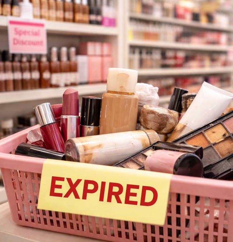 basket with expired cosmetic stock at cosmetic retail store