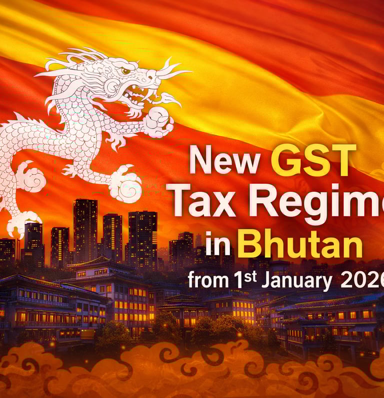 GST Tax Regime in Bhutan showing Bhutanese flag and businesses