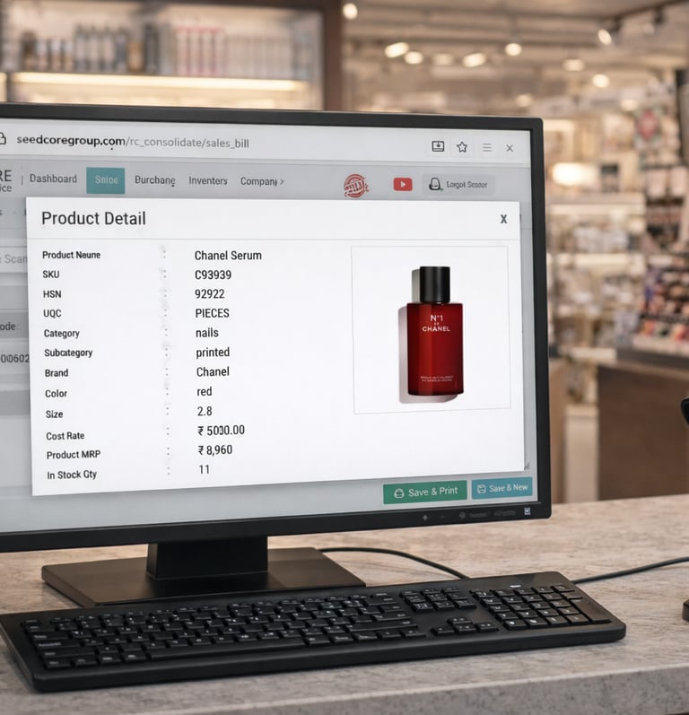 RetailCore Software for cosmetic store billing, barcode, inventory management