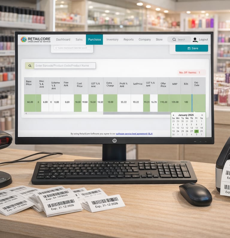 computer screen showing retailcore software barcode label and tag design and printing