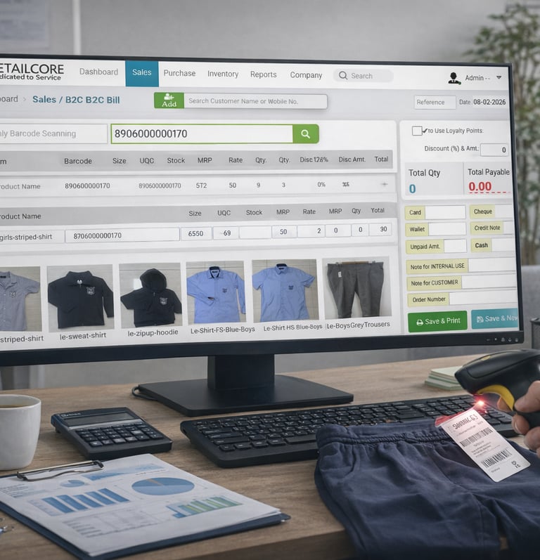 retailcore software billing with barcode scanning at school uniform retail store