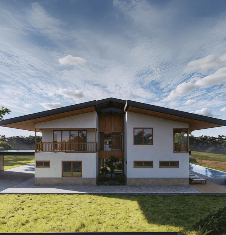 Fachada frontal de casa estilo tropical contemporáneo en La Danta