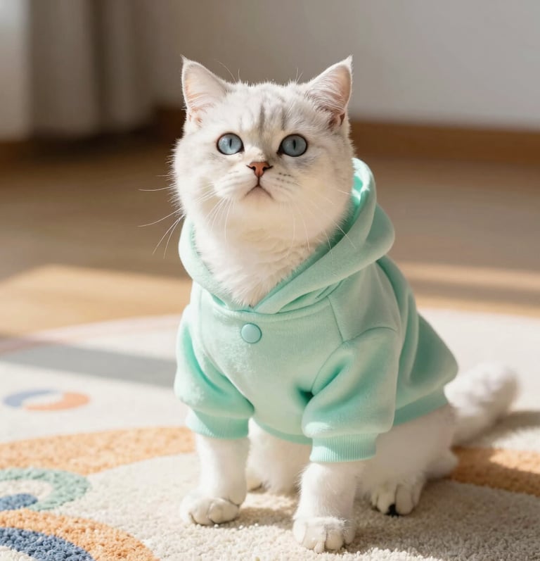 A cute white cat with blue eyes wearing a mint green fleece hoodie sitting on a rug.