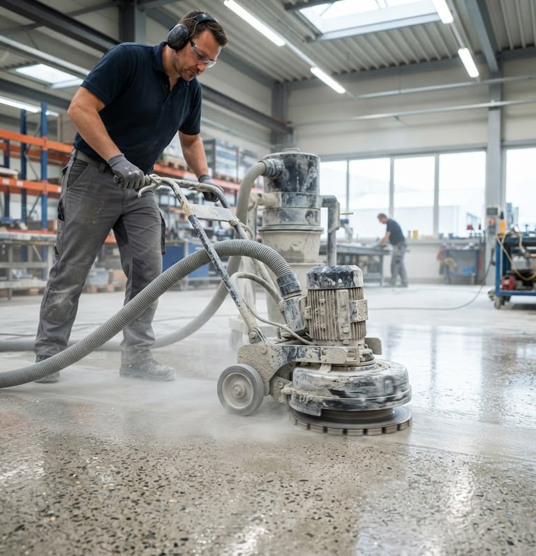 Technician operating a diamond grinding machine on a concrete floor, bright cool industrial lighting, low-angle perspective, high depth of field, sharp focus on the machinery and dust extraction