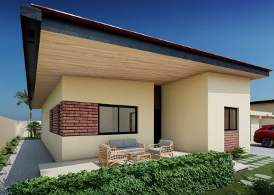Bungalow moderne de plain-pied avec toit plat, mobilier de terrasse et briques.