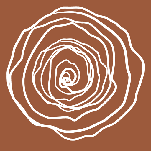 Ilustración de líneas blancas formando un motivo circular en espiral sobre un fondo marrón terracota