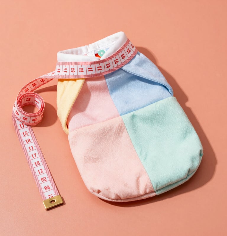 Una bolsa de tela de patchwork de pasteles coloridos siendo medida con una cinta métrica flexible 