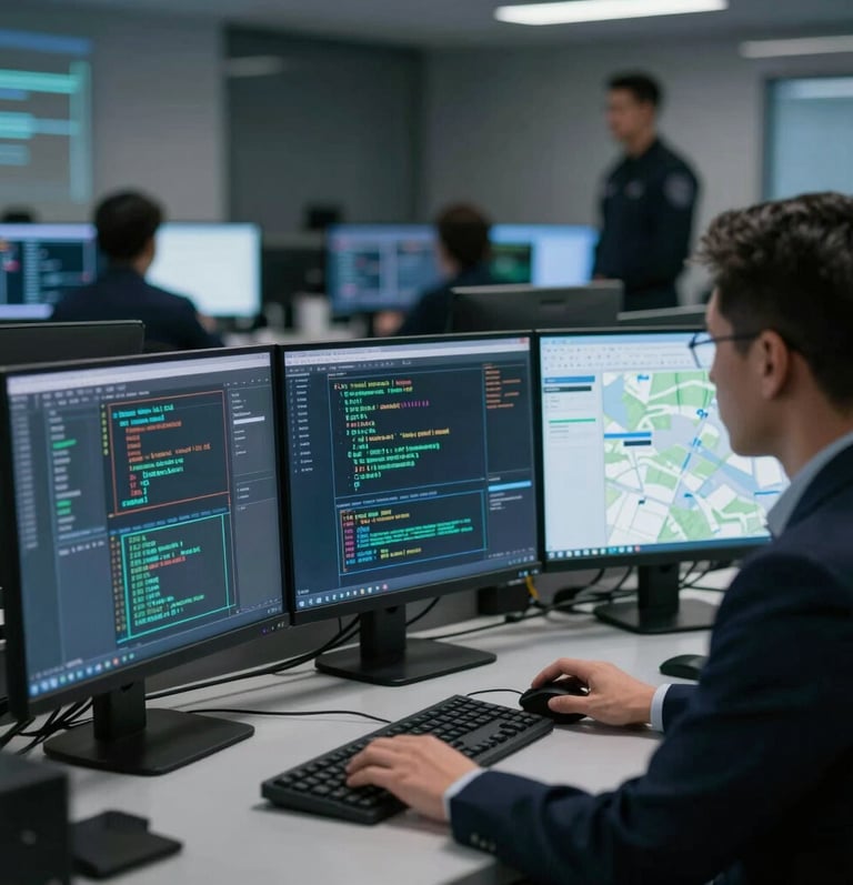 Software engineer working on multiple monitors with code and map data in a modern office.