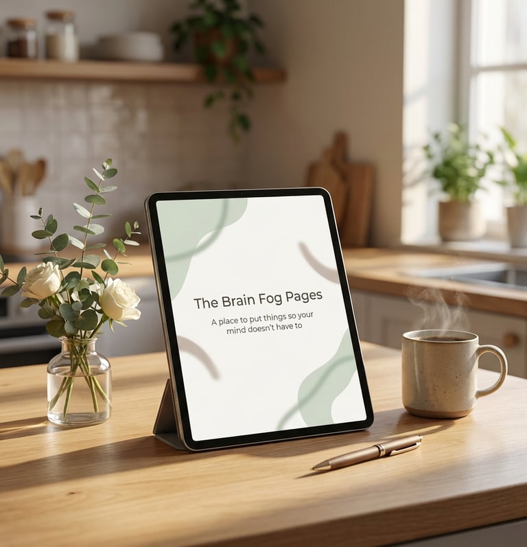 A digital planner on a tablet displaying The Brain Fog Pages on a kitchen counter with a cup of coffee.