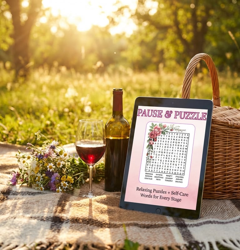 Digital tablet showing a self-care word search puzzle next to wine and a picnic basket in a sunny park.