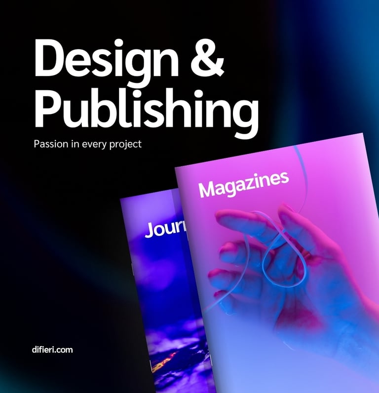 The image is titled Design and Publishing and includes two simple magazine covers