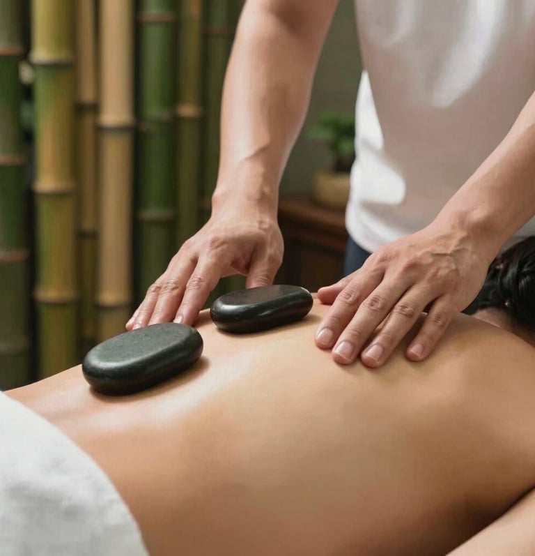 Close-up photography of a professional massage therapist's hands placing smooth warm stones on a customer's back during a spa session. Set in a serene Southeast Asian / Indonesian wellness center with soft lighting, natural textures, and a background of green bamboo stalks.