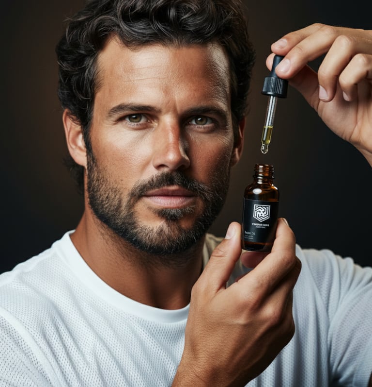 A man with a groomed beard holding a bottle and dropper of facial serum for men's skincare.