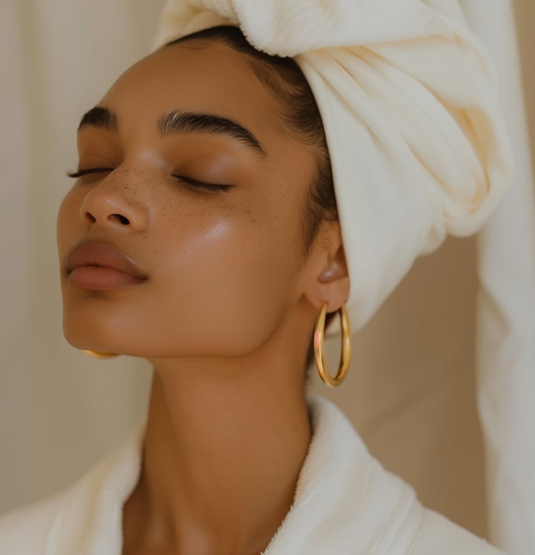 A woman with glowing skin and freckles wearing a white spa bathrobe and head towel wrap.