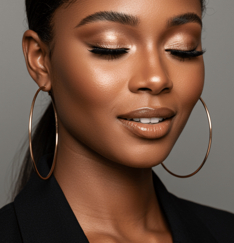 Black woman with glowing makeup, metallic gold eyeshadow, and large hoop earrings.
