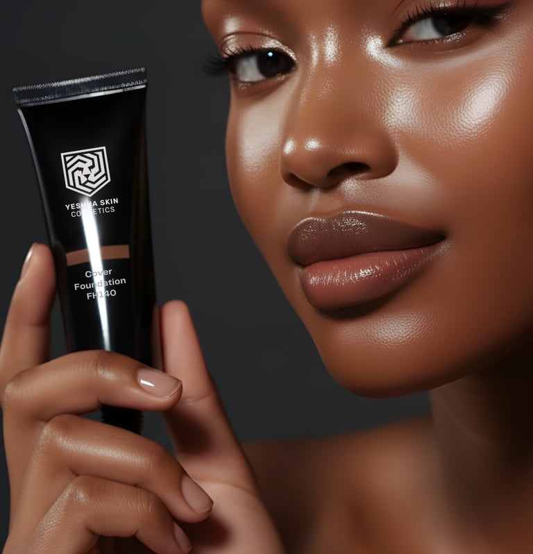 A woman with radiant skin holding a tube of Yeshua Skin Cosmetics full coverage foundation.