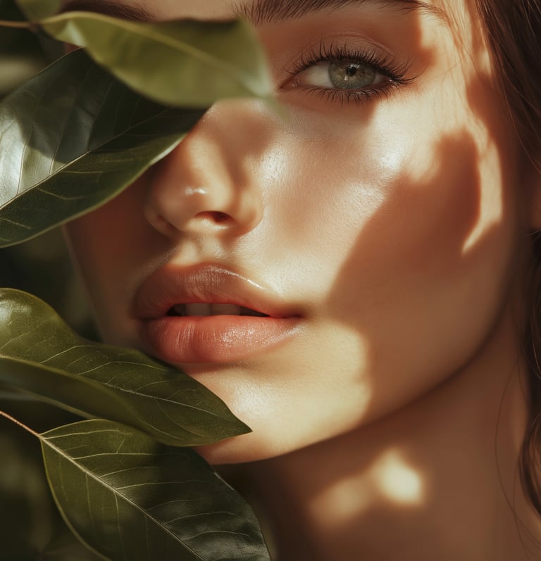 Close-up of a woman's face with glowing skin and natural makeup peeking through green leaves.
