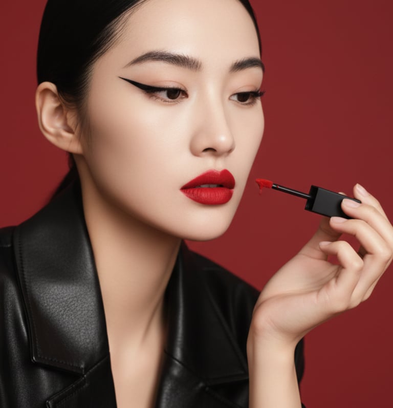 Elegant model with winged eyeliner applying bold red liquid lipstick on a red background.