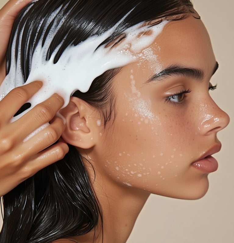 A woman washing her dark hair with white foaming shampoo for scalp care and hair hydration.