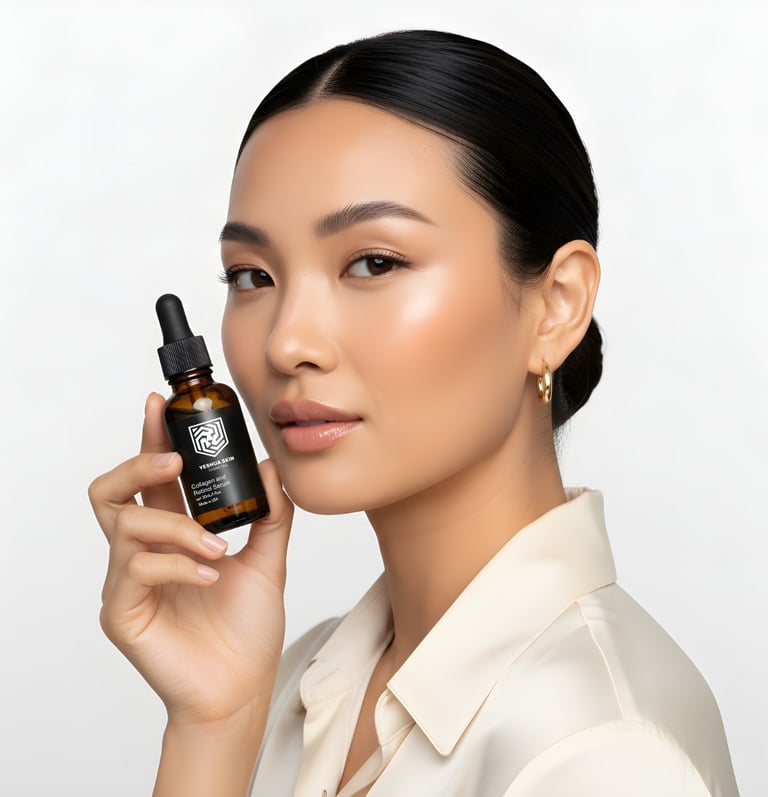 A woman with glowing skin holding a bottle of collagen and retinol face serum.