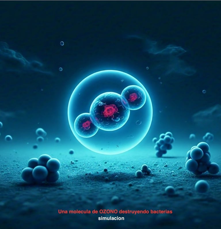 una molécula de OZONO destruyendo bacterias