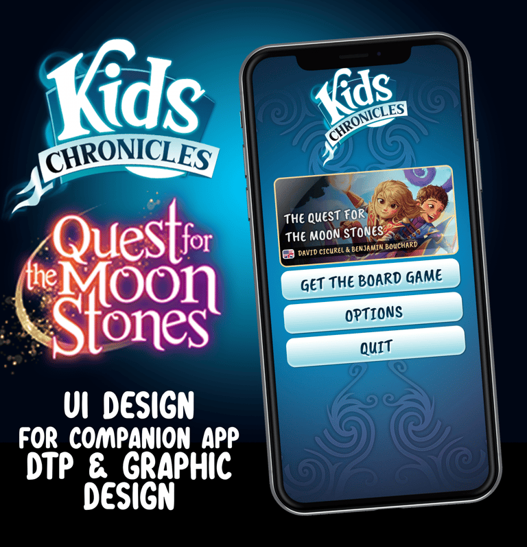 UI Design for companion app, DTP and graphic design for board game: Kids Chronicles