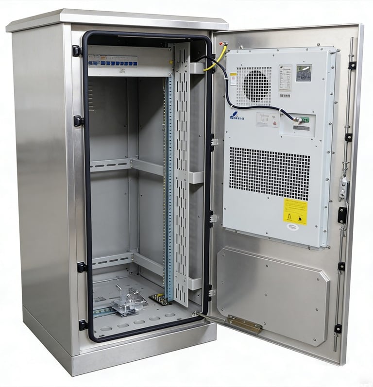 Open outdoor stainless steel electrical enclosure with integrated cooling unit and internal mounting rails.