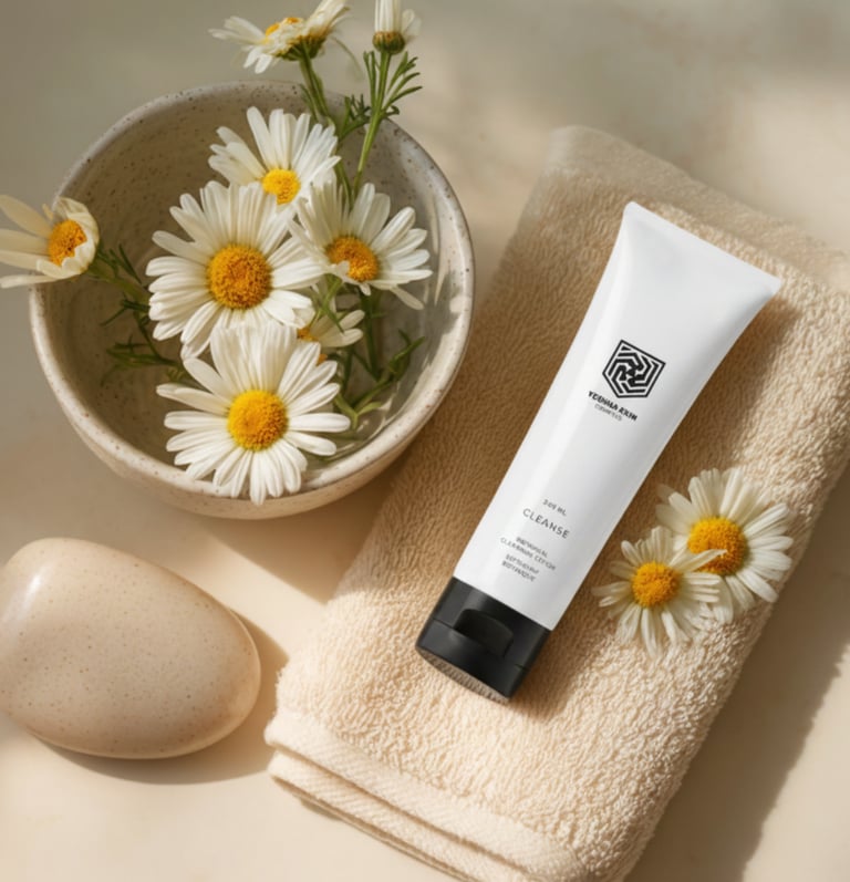 White facial cleanser tube on a beige towel with chamomile flowers and a smooth stone for natural skincare.