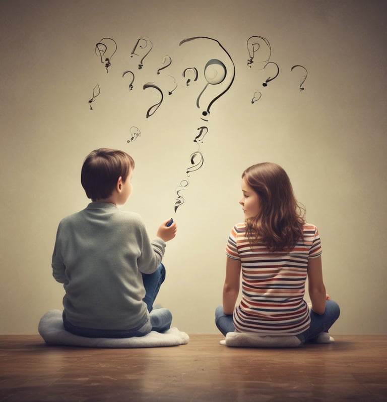 a boy and girl sitting on a floor with question marks