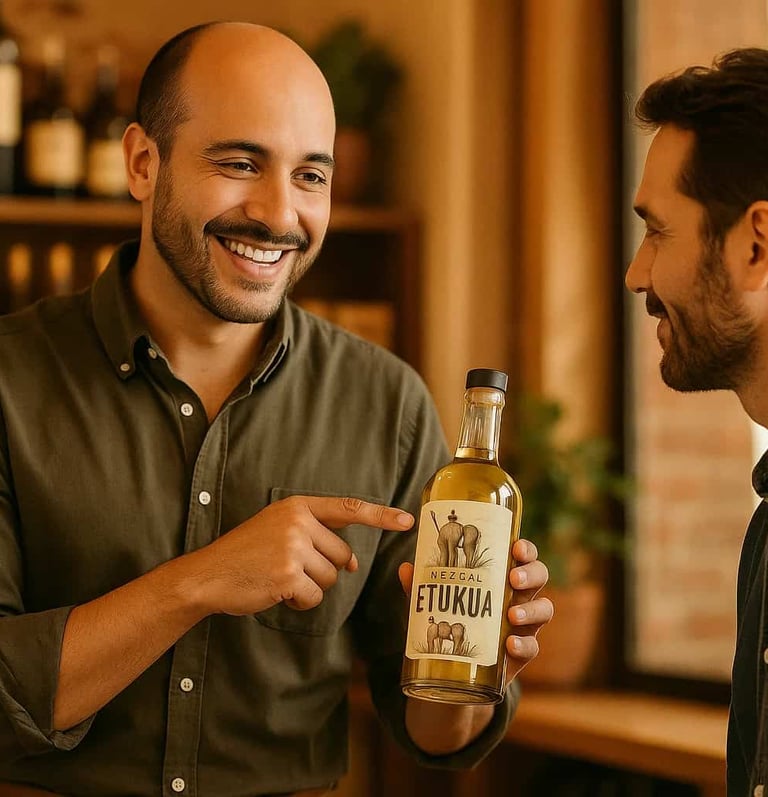 Sommelier sonriente manteniendo contacto visual con un cliente, explicando una botella de mezcal 