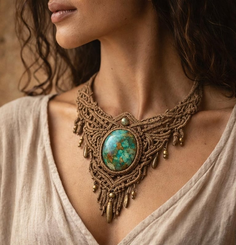 Collar boho de macramé hecho a mano con piedra ovala turquesa detalles de nudos 