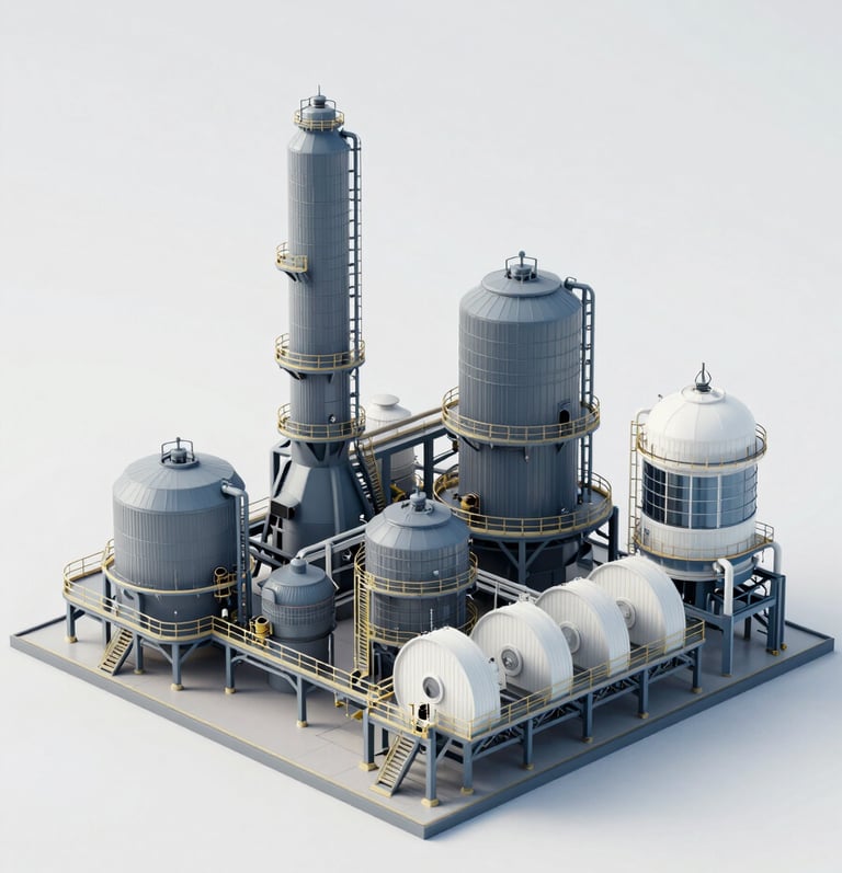 High-resolution photographic capture of a 3D digital twin of a European / Italian industrial plant, showing detailed surface textures in Technical Grey-Blue and Crisp Arctic White, clean minimalist studio lighting.
