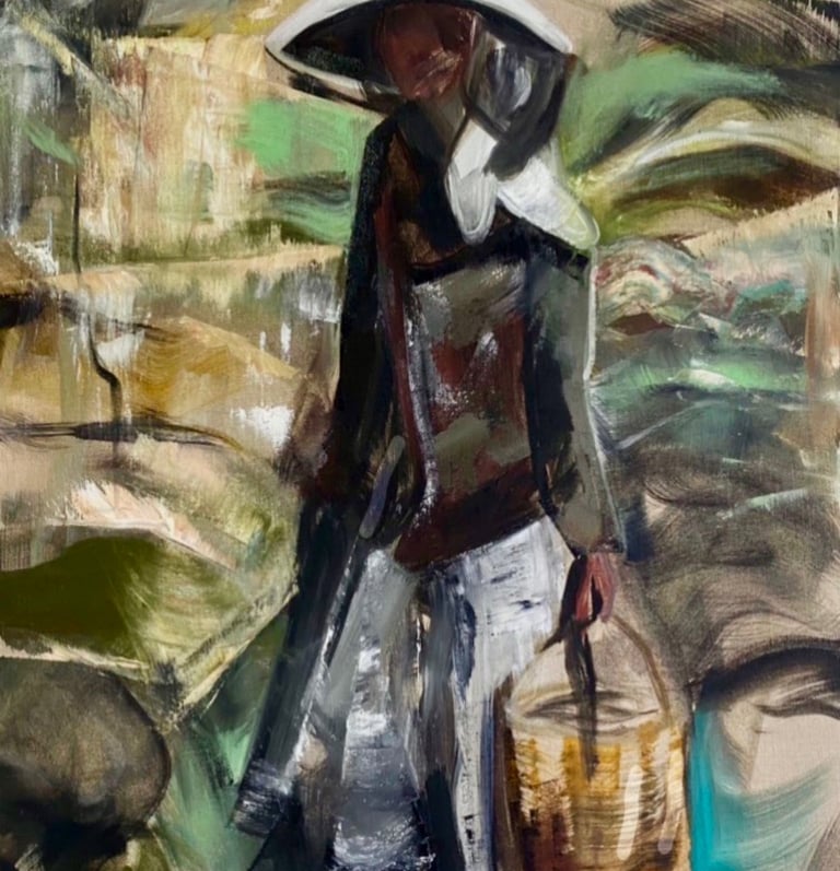 Oil painting on Canvas title Maria by Sherezade Morales artist of Lanzarote Canarian Neo-indigenism