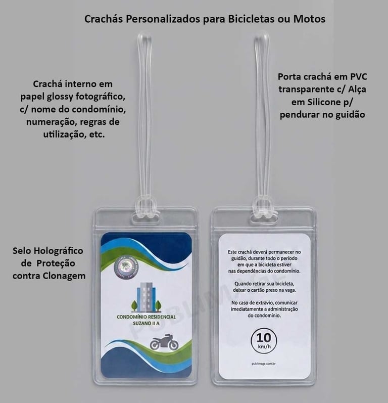 Crachás numerados para identificar bicicletas e motos em garagens de condomínios