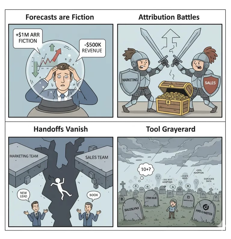 warning signs: unreliable forecasts, attribution battles, dropped handoffs, and a graveyard of GTM