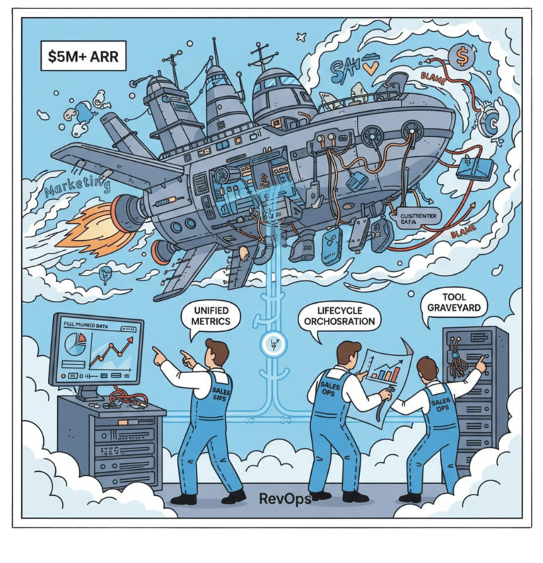 RevOps team managing a complex rocket for scaling startups, unifying data, lifecycle orchestration, 