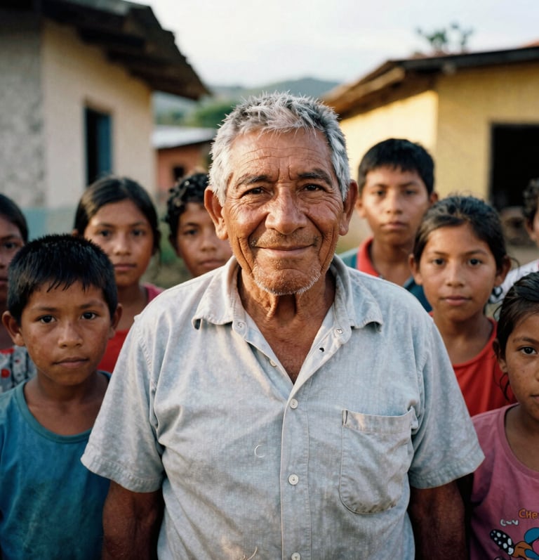 Portrait-oriented image of an elderly Colombian community leader smiling warmly, surrounded by children in a vibrant village setting, natural light, rich earthy tones, 35mm film style.