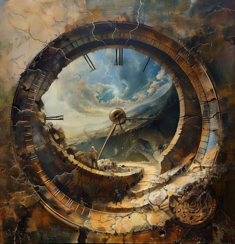 A portal with distressed clock face depicting the passing of time