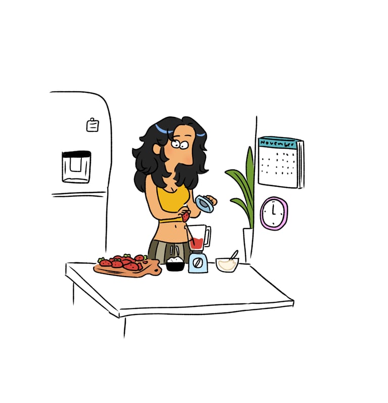 a cartoonish woman is cooking. Diane Mulolo Faida